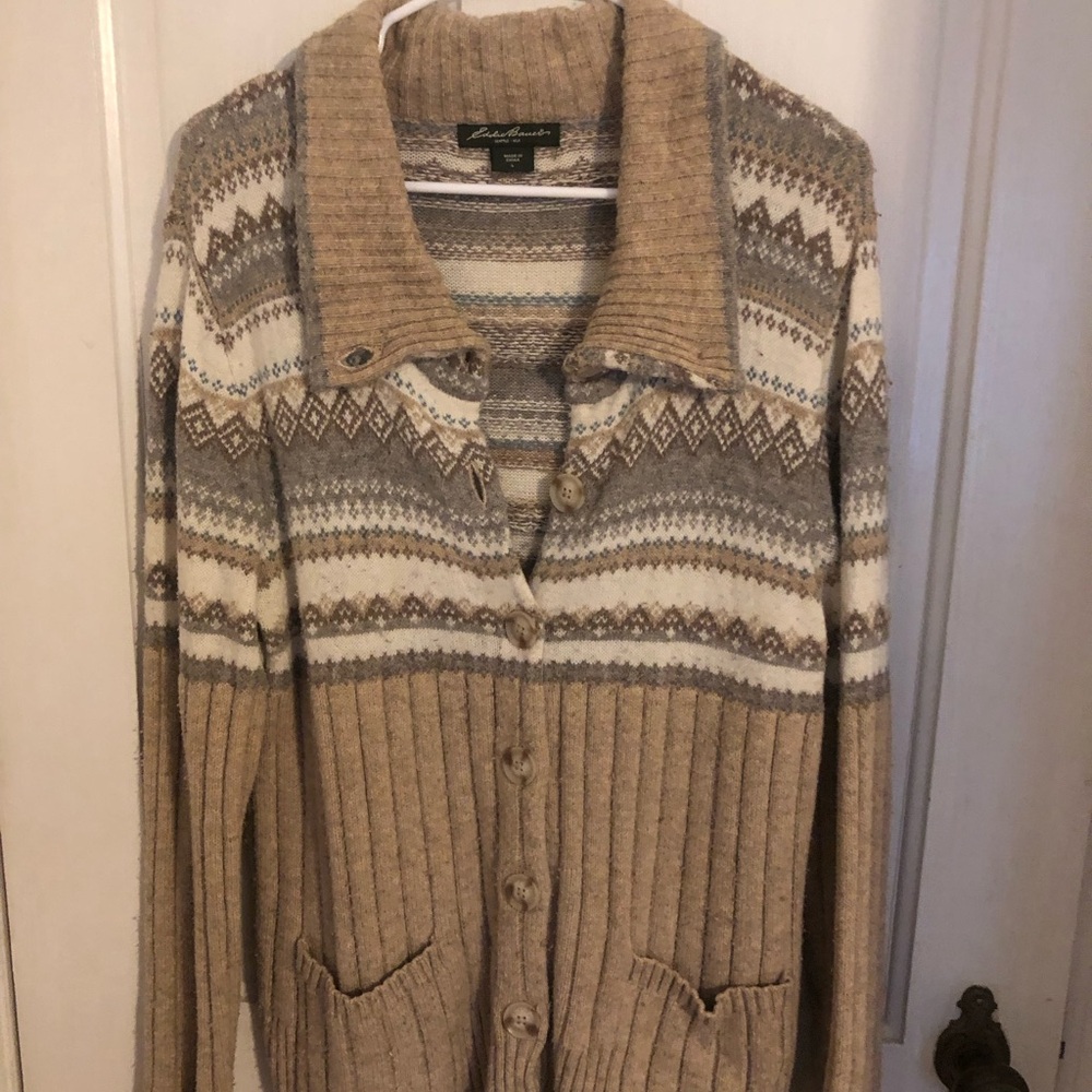 L.L. Bean Men's Tan and White Fair Isle Button Cardigan